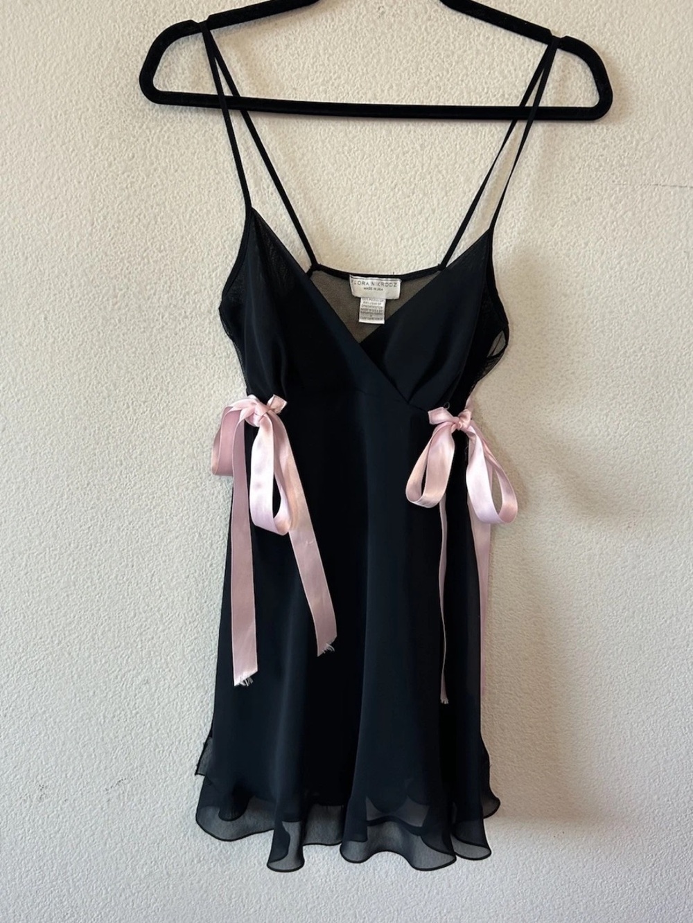 Vintage Y2K Flora Nikrooz Black Sheer Babydoll Slip Dress Pink Bows USA S/P 90’s